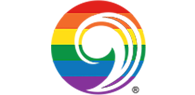 Logo with six horizontal rainbow stripes and a curved, semi-circular arrow overlay.