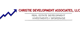 Logo for Christie Development Associates, LLC, featuring a blue upward-trending arrow and the text "Real Estate Development, Investments, Brokerage.