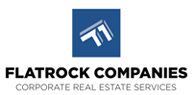 Logo of Flatrock Companies featuring a blue square with a stylized 'F' and 'R' design above the text "FLATROCK COMPANIES Corporate Real Estate Services.
