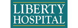 The image shows the words "Liberty Hospital" in white capital letters against a green background.