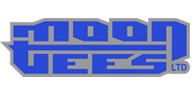 Logo displaying "moon tees LTD" in blue text on a transparent background.