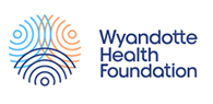 Logo of Wyandotte Health Foundation with abstract circular lines forming a stylized pattern, alongside the text “Wyandotte Health Foundation” in blue font.