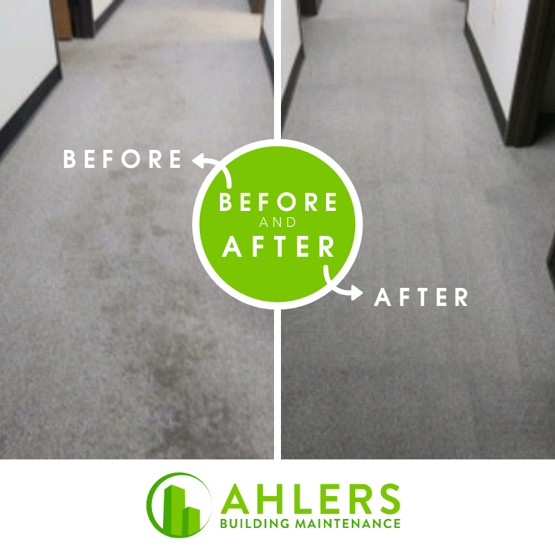 A split image shows a dirty carpet labeled "before" on the left and a clean carpet labeled "after" on the right, highlighting the results of our expert janitorial service, with the Ahlers Building Maintenance logo at the bottom.