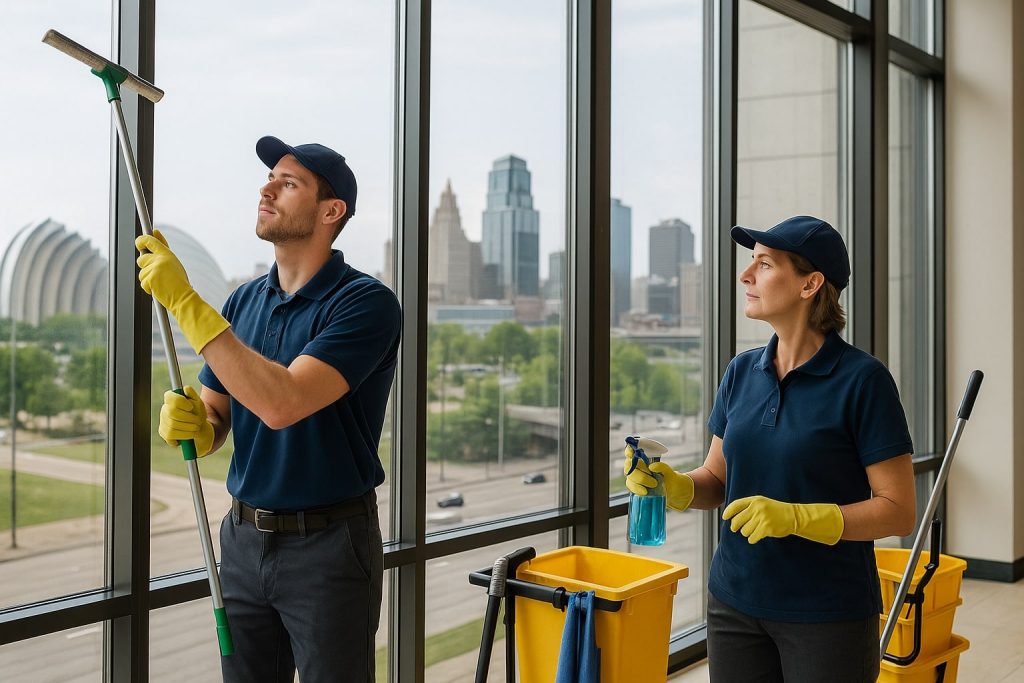 Two janitors in uniforms and yellow gloves clean large windows in a modern building, showcasing the professionalism of janitorial services Kansas City, with cleaning tools and a city skyline visible through the glass.