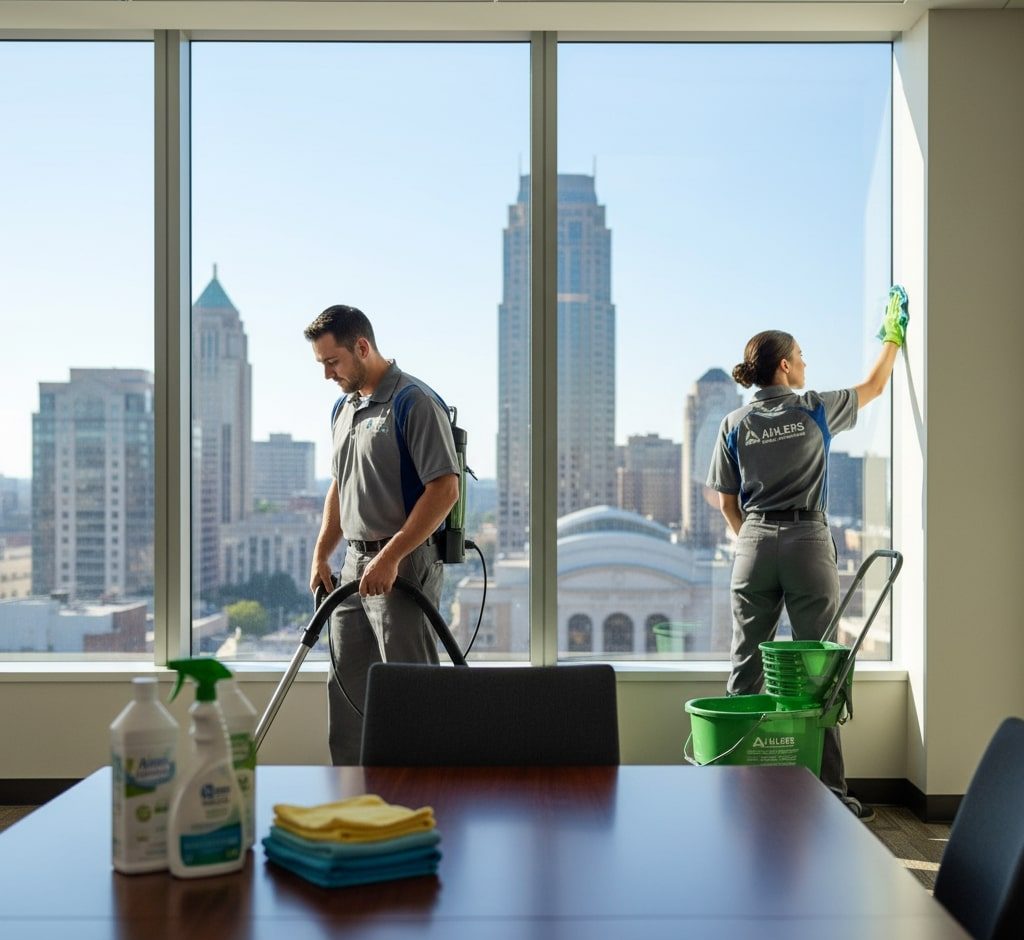 Two cleaners in uniform clean a high-rise office window; one vacuums the floor while the other wipes the glass. Cleaning supplies and cityscape hint at trusted commercial cleaning services Kansas City relies on.