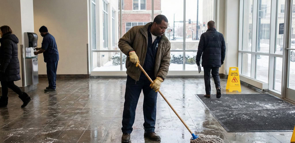 A man mops the floor near an entrance on a snowy day as part of day porter services Kansas City. Other people walk by, and a yellow caution wet floor sign is visible.