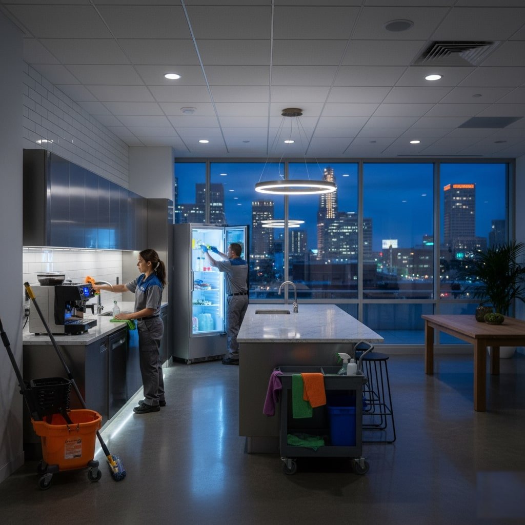 Night crew cleaning an office break room kitchen after hours in Kansas City
